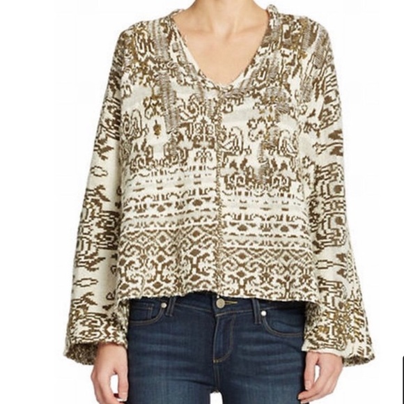 Free People *Ivory/Green Raggy Fairisle Boho Hooded Sweater - Picture 12 of 12